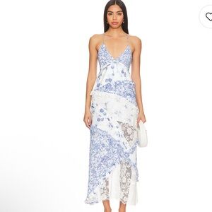 For Love And Lemons Blue and White Floral Lace Maxi Dress